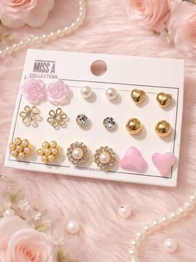 Miss A Pink & Gold Multi-Pair Earring Set - 9 Pairs